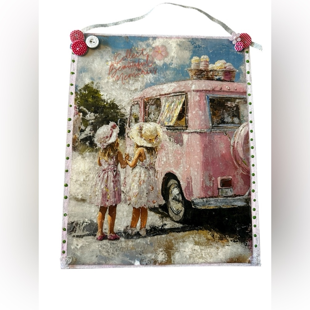 Handcrafted Vintage Style Pink Ice Cream Truck Canvas hanging Art
